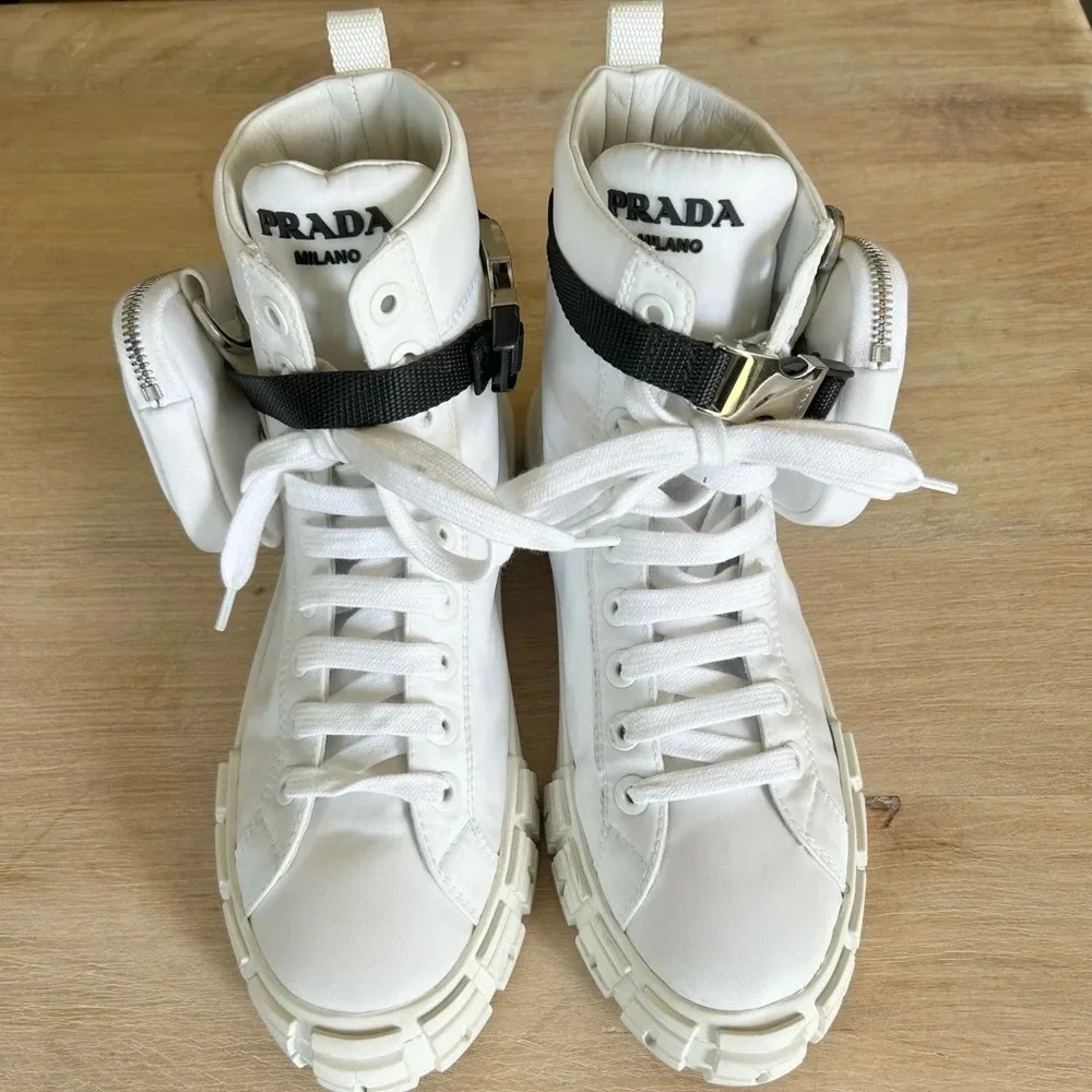 Authentic Prada Wheel Zipped-Pouch High Top Re-Nylon Trainers in White